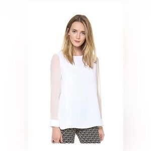 Theory White Sheer-Sleeve Crewneck Blouse